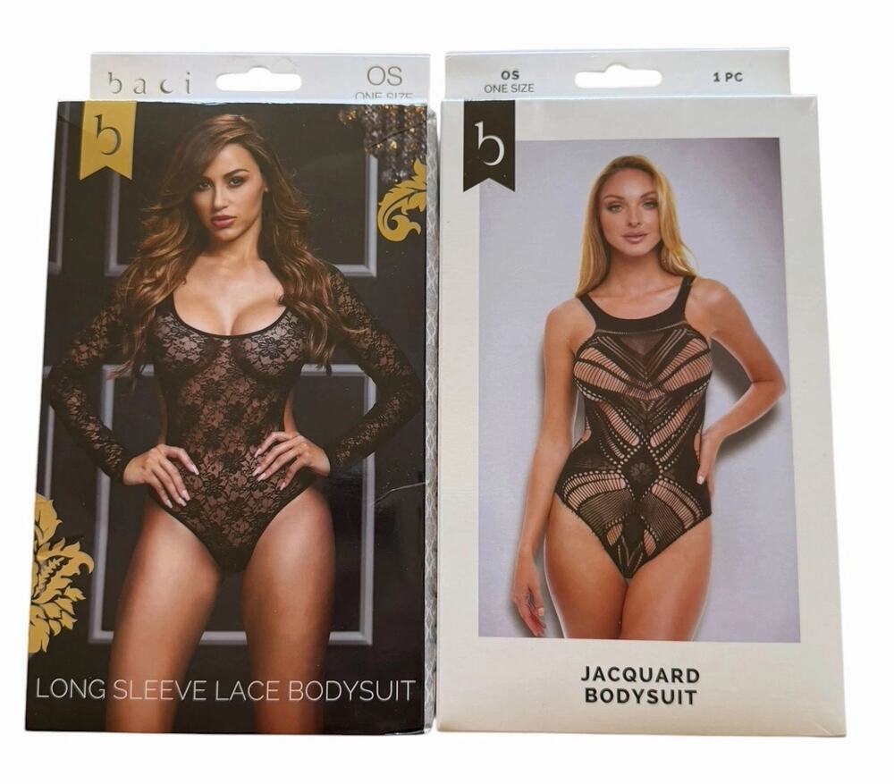 Baci Black Lingerie Bundle 2 Bodysuits Long Sleeve Lace Jacquard OS 2-14 NIP